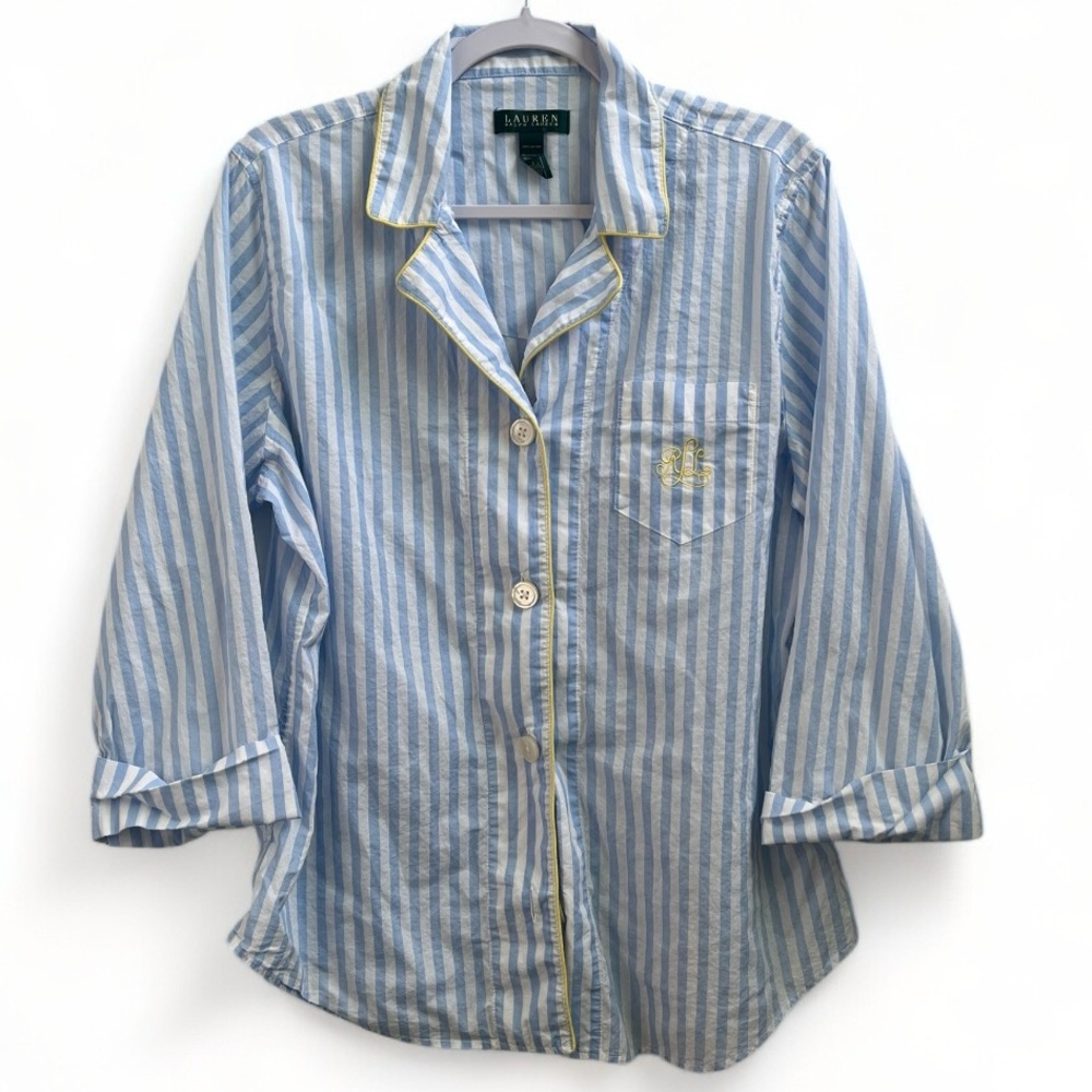 Lauren Ralph Lauren Womens Button Up 100% Cotton Striped Sleep Shirt Pajama Top